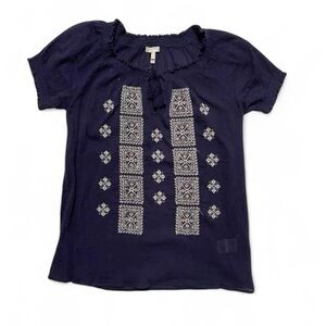 Joie Navy Blue Embroidered Peasant Blouse – Boho Silk Cotton Top XS